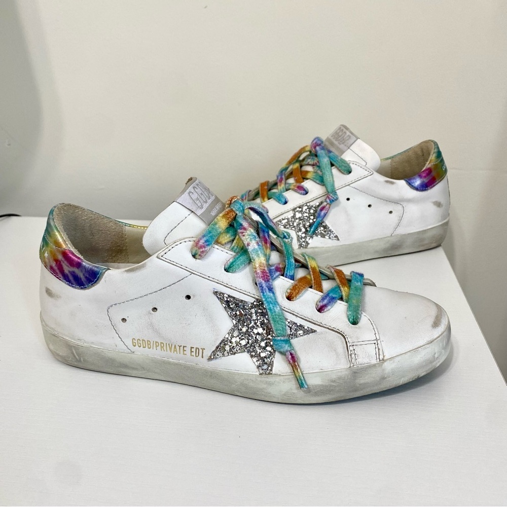Golden Goose Superstar White Leather Tie Dye Laces Silver Glitter Star 38